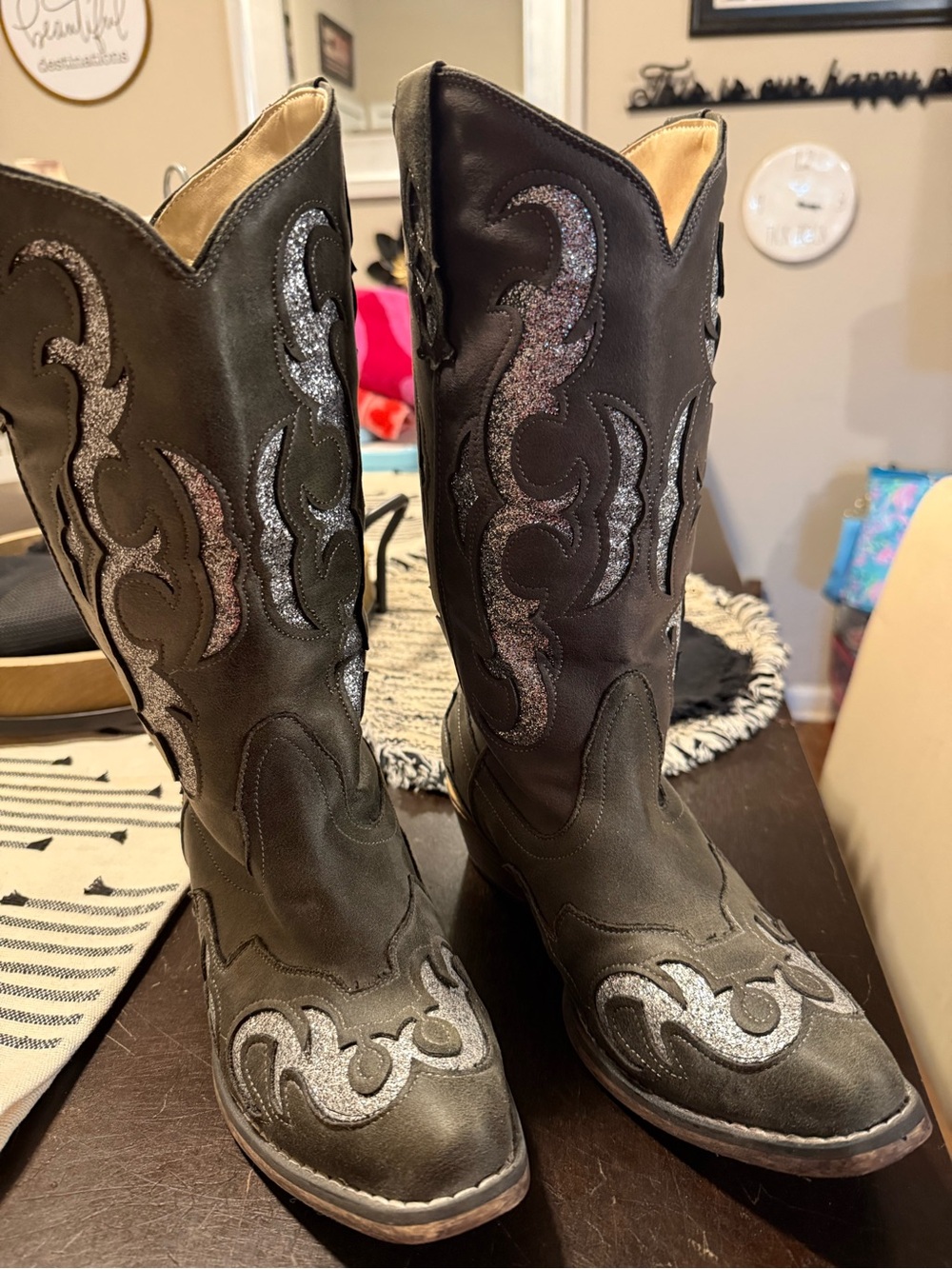 Pierre Dumas Black Heeled Cowgirl Boots with Silver Glitter Accents